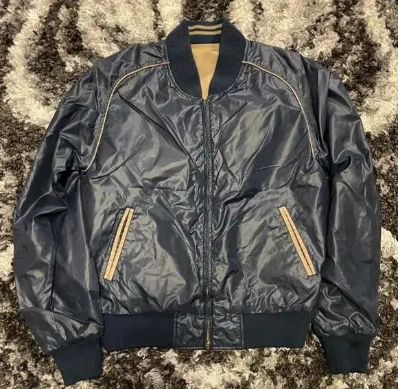 Vintage 80s Savile Row Reversible Bomber Jacket Navy and Tan - Picture 1 of 5